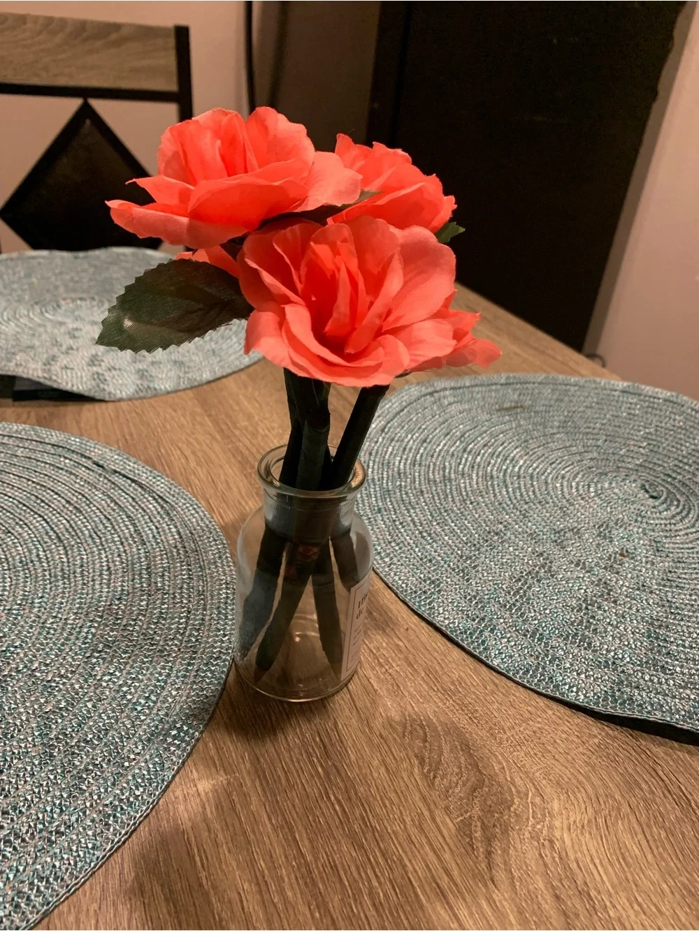 Coral Artificial Rose Bouquet in Glass Vase - Home Accents, office decor.
